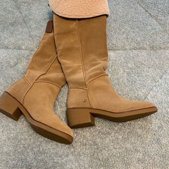 Coach Tan Heeled Boots with Soft Suede Texture and Knee High Design - Picture 1 of 4